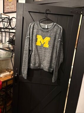 Gray Mineral-Wash Crewneck Sweater with Yellow 'M' Graphic
